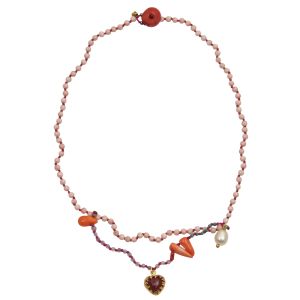 Rosary necklace with coral, turquoise and amethyst stones, silk thread and handcrafted sacred heart pendant in gold plated silver 925.