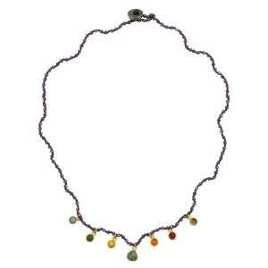 Rosary necklace with amethyst gemstones, emerald stone and handcrafted 925 silver gold-plated cabochon settings.