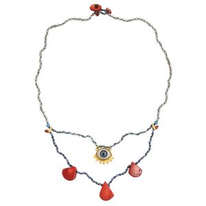 Rosary necklace with labradorite, lapis lazuli, apatite, coral and handcrafted flaming eye pendant in gold plated silver 925.