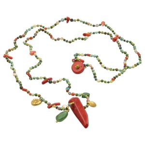 Chase the sun long rosario with sea shell charms in silver 925 gold plated, coral red chilli pepper, african turquoise and a variety of gemstones