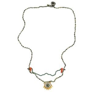 Rosary necklace with African turquoise, coral horns, and handcrafted flaming eye pendant in gold plated silver 925.