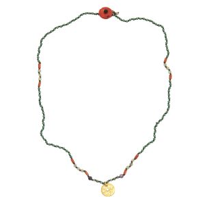 Rosary necklace with green turquoise and a variety of semi-precious stones, hand-knotted silk thread and handcrafted perforated sun pendant in gold plated silver 925.
