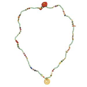 Rosary necklace with turquoise and a variety of semi-precious stones, hand-knotted silk thread and handcrafted perforated sun pendant in gold plated silver 925.