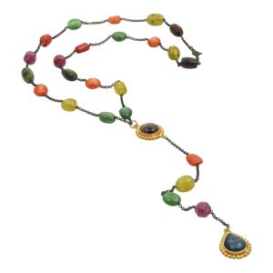 Handmade gold-plated silver necklace with oval and teardrop cabochon settings and a vibrant line of irregular jade, agate and coral stones — boho luxe design by Chase the Sun.