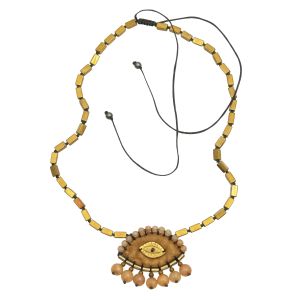 Handmade velvet evil eye necklace embroidered with hematite, jade stones and brass eye, finished with hematite rosary chain and dangling teardrops.