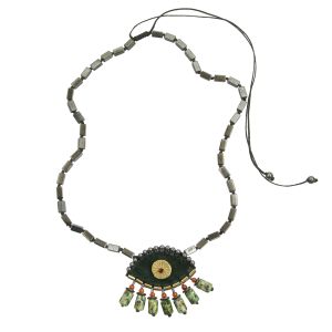 Handmade velvet evil eye necklace embroidered with hematite, carnelian, African pine stones and a brass sun, finished with hematite rosary chain and dangling teardrops.