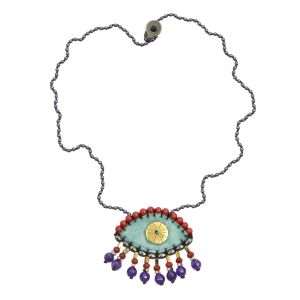 Ciele Handmade velvet evil eye necklace embroidered with hematite, coral, jade stones and brass sun, finished with 2mm hematite rosary chain and dangling teardrops.
