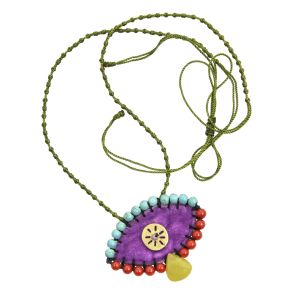 Handmade velvet evil eye necklace embroidered with semi-precious stones (turquoise, coral, lemonite teardrop) and a brass sun, on green adjustable cord.