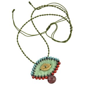 Handmade velvet evil eye necklace embroidered with turquoise, coral, garnet teardrop and a brass eye, on adjustable green cord.