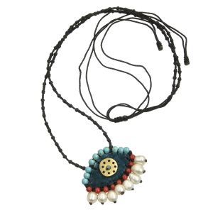 Handmade petrol velvet evil eye necklace embroidered with turquoise, coral, pearls and a brass circle, adjustable cord.