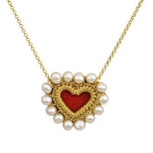 Chase the sun silver 925 gold plated chain necklace with red velvet sacred heart pendant framed by pearls.