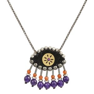 Handmade velvet evil eye necklace embroidered with hematite, jade, carnelian, and amethyst semi-precious stones, featuring a brass handmade sun detail and 2 cm gemstone drops.
