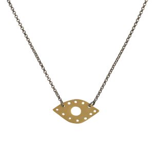 Handmade perforated evil eye necklace in gold-plated 925 silver with rhodium-plated silver chain.