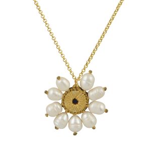 chase the sun handmade flower shaped necklace with gold thread embroidered center and tear drop pearl petals silver 925 gold plated chain