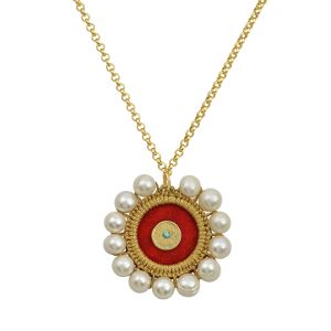 chase the sun hand embroidered round velvet evil eye talisman with pearls