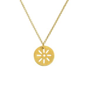 Handmade medium sun necklace in cut-out design, crafted in 925 silver gold-plated, on a gold-plated silver chain.