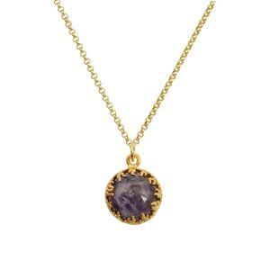 Gold-plated silver 925 necklace with round handcrafted flame bezel and amethyst cabochon stone.