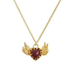Gold plated silver 925 necklace with handcrafted flaming heart pendant, wings detail and cabochon gemstone.