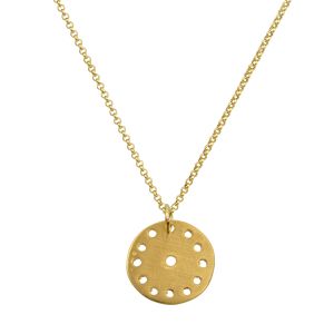 Gold plated silver 925 necklace with handmade perforated round pendant and gold plated chain.