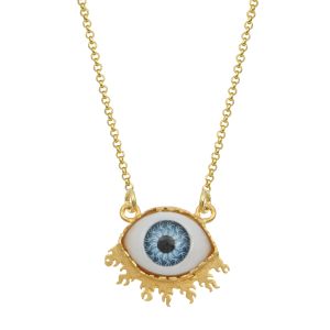 silver 925 gold plated necklace with a blue evil eye featuring sun -like rays