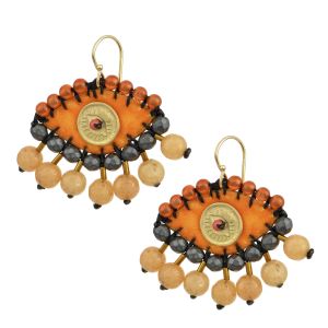 Handmade orange velvet evil eye earrings embroidered with hematite, jade, carnelian and brass eye, on gold-plated 925 silver hooks.