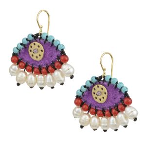 Handmade purple velvet evil eye earrings embroidered with turquoise, coral, pearls and brass circle, on gold-plated 925 silver hooks.