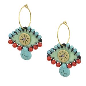 Handmade mint velvet evil eye hoop earrings embroidered with coral, turquoise, turquoise paste teardrop and brass sun, on gold-plated 925 silver hoops.