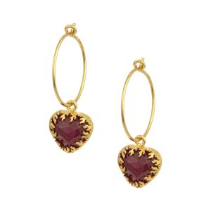 Gold-plated silver 925 hoop earrings with handcrafted sacred heart pendants and ruby cabochon stones.