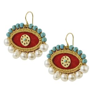 Oval velvet evil eye earrings embroidered with golden thread, turquoise beads, pearls, and a handcrafted brass circle. Boho luxe handmade jewelry from Greece.