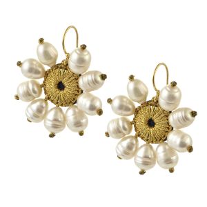 handmade flower shaped earrings with gold thread embroidered center and tear drop pearl petals