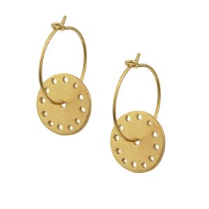 Handmade silver 925 gold-plated hoop earrings with medium size perforated circle charms, inspired by minimalist sun symbolism.
