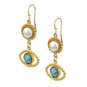 Gold-plated silver 925 earrings with pearl and turquoise stones, handmade boho luxe design by Chase the Sun.
