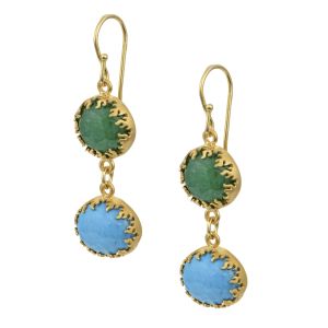 Gold-plated silver 925 earrings with flame-set green and turquoise gemstones, handmade by Chase the Sun Boho Luxe Jewellery.