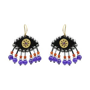 Hand-embroidered velvet Evil Eye earrings with semi-precious stones and golden sun detail, handmade by Chase the Sun Boho Luxe Jewellery.