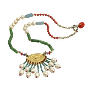 one of a kind Rosary necklace with jade, labradorite, coral, pearl and handcrafted eye pendant with turquoise and pearl drops in gold plated or silver 925.