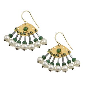 Handmade gold-plated 925 silver earrings with evil eye element, cabochon agate, hematite teardrops, jade, zoisite, and freshwater pearls.