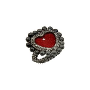 Handmade deep red velvet heart ring with silver embroidery and hematite beads on a macramé base.