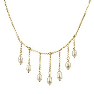 Gold-plated necklace with freshwater cultured rice pearls hanging as drops on delicate chains.