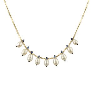 Gold-plated silver necklace with freshwater cultured pearls and lapis lazuli beads, handmade in a boho luxe style.