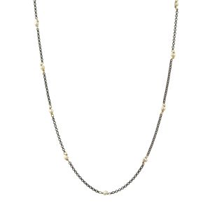 Minimal rhodium-plated silver necklace with small 2.5 mm freshwater cultured pearls, handmade in Greece.