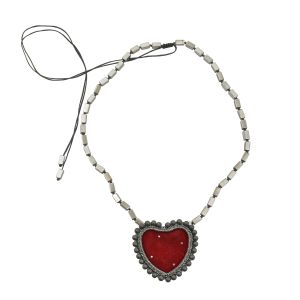 Deep red velvet heart necklace with silver-thread embroidery, hematite rosary chain and adjustable length.
