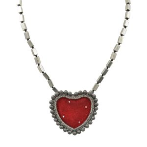 Deep red velvet heart necklace with silver-thread embroidery, hematite rosary chain and adjustable length.