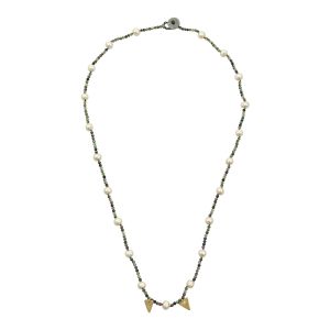 Handmade rosario necklace with epidote, zoisite and freshwater cultured pearls, silk-knotted pearls and triangular silver elements, boho luxe jewellery