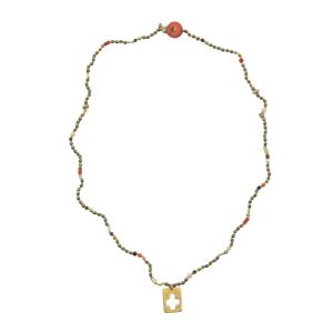 Handmade Rosario necklace with hematite semi-precious stones knotted one by one with silk thread and a handmade gold plated 925 silver cross.