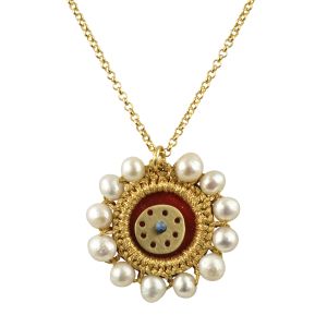 Small round velvet evil eye necklace with folklore gold-thread embroidery, cultured freshwater pearls and a handmade brass circle on a gold-plated chain.