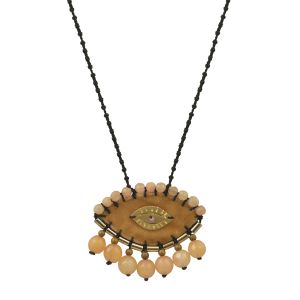 Handmade sand-velvet evil-eye necklace embroidered with semi-precious stones, peach jade beads and a handcrafted brass eye, on a dark hematite knotted cord.