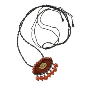 Hand-embroidered large red-brown velvet evil eye necklace with hematite, jade and brass eye element on black knotted cord.