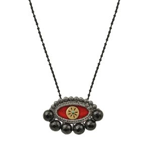 Dark velvet evil eye necklace with silver-thread embroidery, hematite, onyx beads and a handmade brass sun on an adjustable knotted cord.
