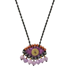 Handmade lilac velvet evil-eye necklace embroidered with hematite, jade and carnelian stones, finished with a handcrafted brass eye on an adjustable knotted cord.