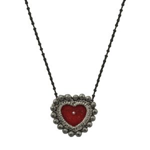 Small deep red velvet heart necklace with silver-thread embroidery and hematite beads on a knotted cord